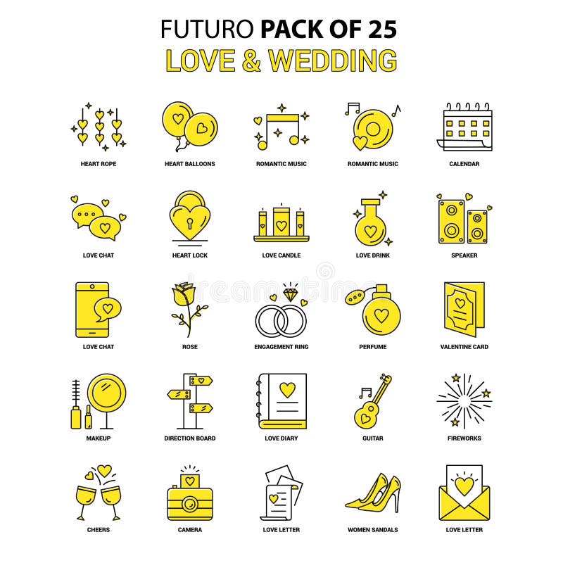 Förälskelse- och bröllopsymbolsuppsättning Gul packe för Futuro senast designsymbol royaltyfri illustrationer Förälskelse- och bröllopsymbolsuppsättning Gul packe för Futuro senast designsymbol royaltyfri illustrationer