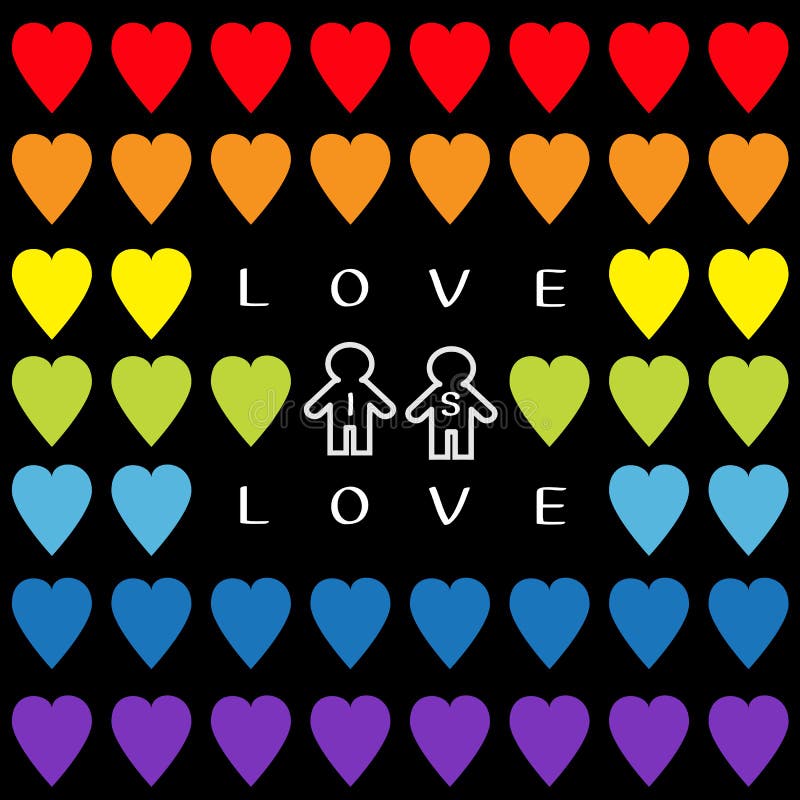 Love is love text. Rainbow heart set. Gay marriage Pride symbol Two contour man sign Seamless Pattern. Lgbt sign symbol. Black background. Isolated. Flat design. Vector illustration. Love is love text. Rainbow heart set. Gay marriage Pride symbol Two contour man sign Seamless Pattern. Lgbt sign symbol. Black background. Isolated. Flat design. Vector illustration