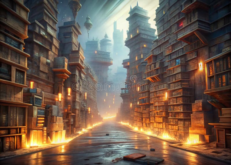 Förändring av Cityscape Library A Long Exposure of Ancient Scrolls in a Fantasy Metropolis 3D Visualization stock illustrationer