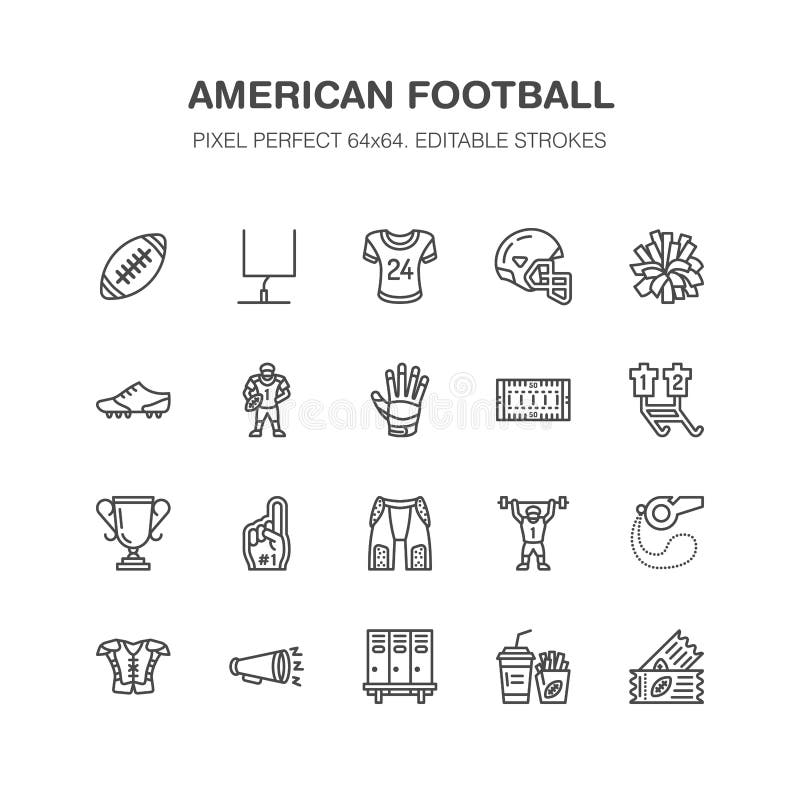 American football, rugby vector flat line icons. Sport game elements - ball, field, player, helmet, fan finger, snacks. Linear signs set, championship pictogram for fan store. Pixel perfect 64x64. American football, rugby vector flat line icons. Sport game elements - ball, field, player, helmet, fan finger, snacks. Linear signs set, championship pictogram for fan store. Pixel perfect 64x64.