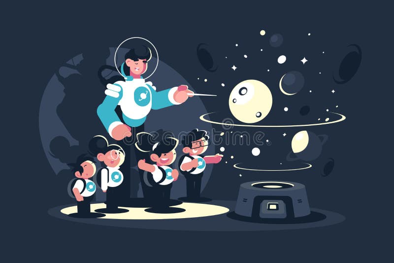 Führer mit Schulkindern im Planetarium