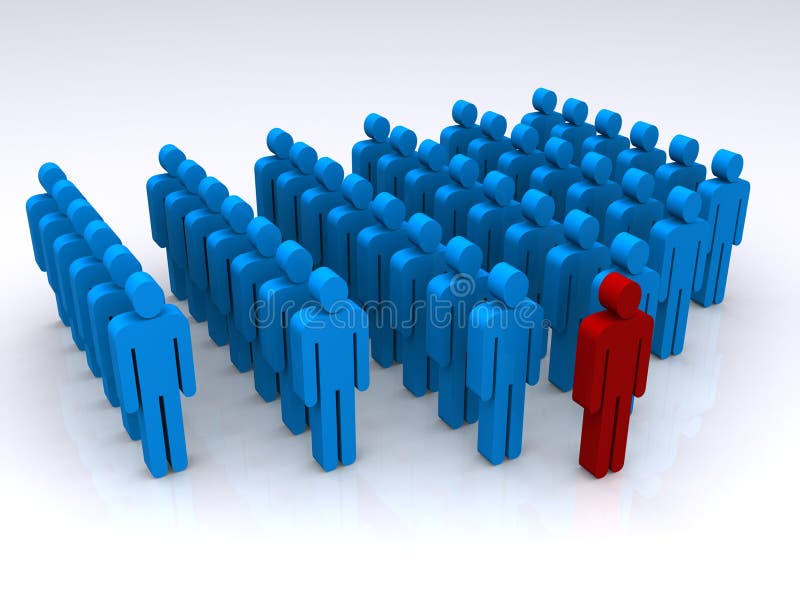 A three-dimensional illustration of rank and file people in blue colors with one person at the front in red. Theme: Leadership, organization, hierarchy. A three-dimensional illustration of rank and file people in blue colors with one person at the front in red. Theme: Leadership, organization, hierarchy