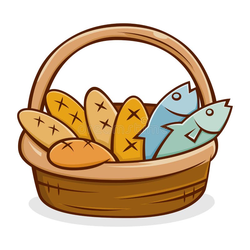 Fünf Brot und zwei Fische in einem Korb