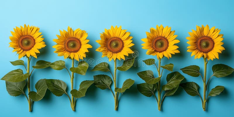 Fünf helle fröhliche Sonnenblumen in einer Reihe. Auf einer minimalistischen blauen Hintergrund. Perfekt für den Sommer. vektor abbildung