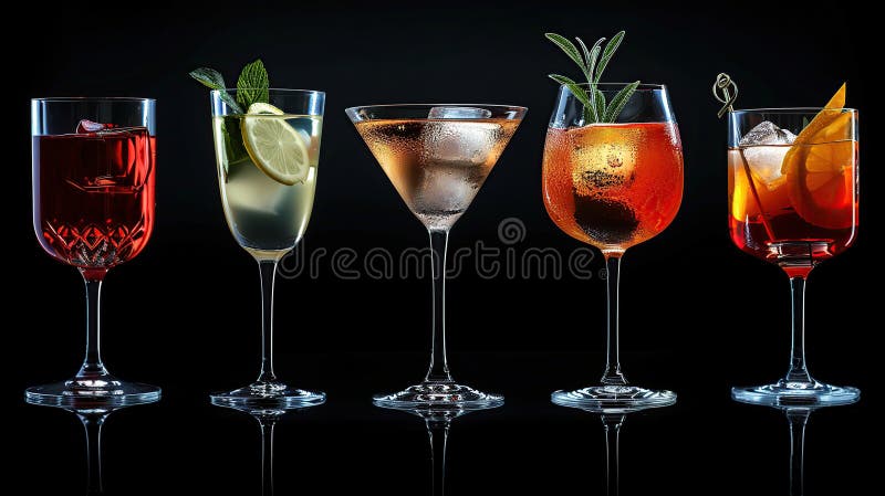 Fünf klassische Cocktails auf schwarzem Hintergrund lizenzfreie abbildung