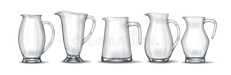 Fünf klassische Glasklammern in verschiedenen Formen. Fünf klassische Glaspitchers in einzigartiger Form mit unterschiedlichen Griffen und Spouts. Ein realistisches 3D-Rendering mit Betonung von Transparenzreflektionen und glattem Design.