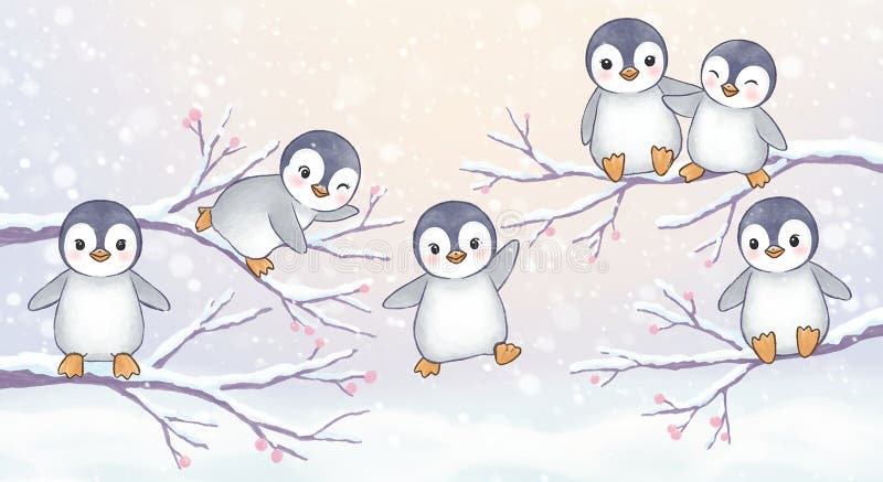 Fünf Pinguine mit grauem und weißem Gefieder und orangefarbenen Füßen stehen auf lizenzfreie abbildung