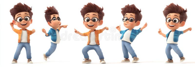Fünf Posen eines Cartoon Boy isoliert auf weißem Hintergrund 3D Render Character Design Boy 3D Modell Cartoon Character stock abbildung