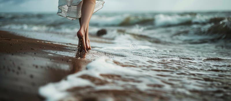 Füße einer Frau, die barfuß am Strand geht. Füße Frauen, die barfuß am Meer laufen
