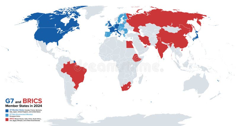 G7 and BRICS member states in 2024, comparison of two intergovernmental forums stock illustration