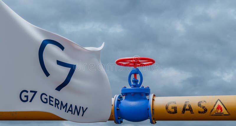 G7 countries gas, valve on the main gas pipeline G7 countries, Pipeline with flag G7 countries, Pipes of gas from G7 countries, 3D vector illustration