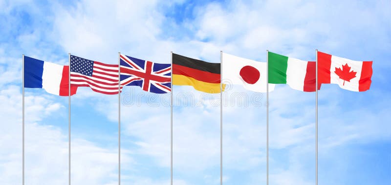 G7 flags Silk waving flags of countries of Group of Seven Canada Germany Italy France Japan USA states United Kingdom 2019. stock illustration G7 flags Silk waving flags of countries of Group of Seven Canada Germany Italy France Japan USA states United Kingdom 2019. stock illustration