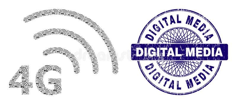 4g Internet-fraktales Mosaik von 4g Internet-Ikonen und texturierten digitalen Medien rund um guilloche Siegel Stempel stock abbildung