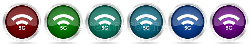 5g Internet inalámbrico de comunicación red iconos conjunto de botones web plateados metálicos en 6 opciones de color aislados en ilustración del vector