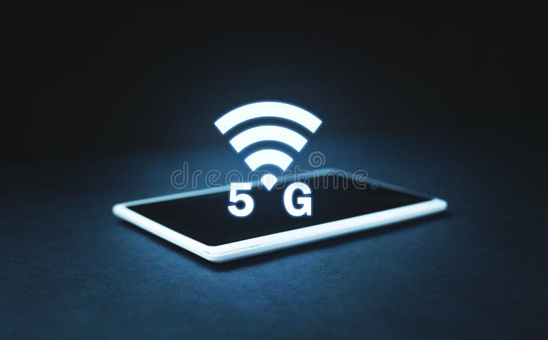 5G Internet on tablet. Internet speed and communication concept stock image