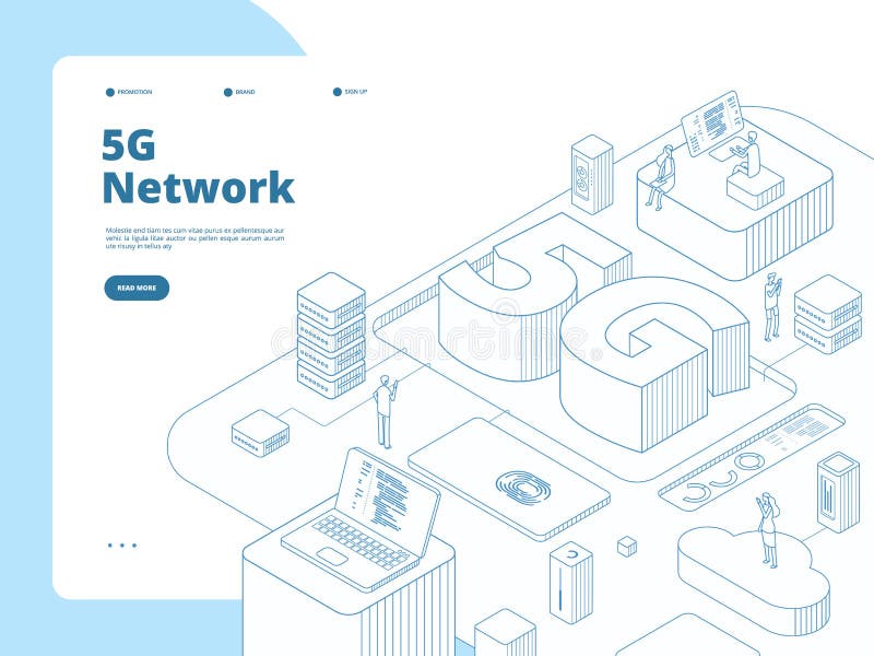 5g landing page. Wifi broadcasting 5g technology, speed internet in device. Global network telecommunication isometric