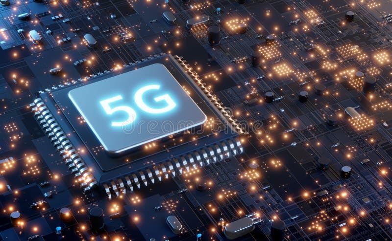 5G microchip technology background, futuristic Global 5G Mobile Networks Internet Concept royalty free illustration