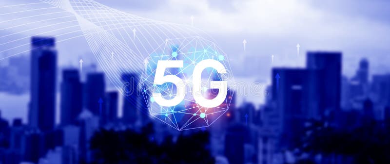 5G network concept for background, holographic digital globe with interconnected 5G symbols, 5G technology in modern business and stock photography