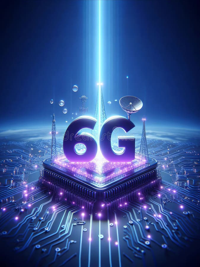 Futuristic 6g network on top of a circuit board, stock illustration.