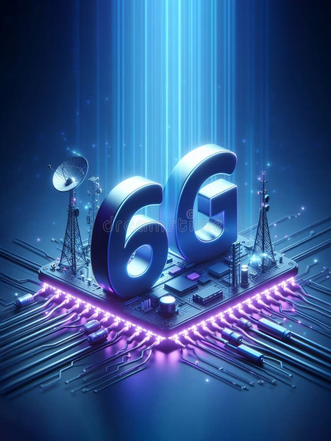Futuristic 6g network on top of a circuit board, royalty free illustration.