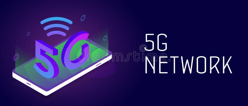5G Network - new wireless global mobile system with high speed network and internet connection. Smartphone and 3d isometric 5G royalty free illustration