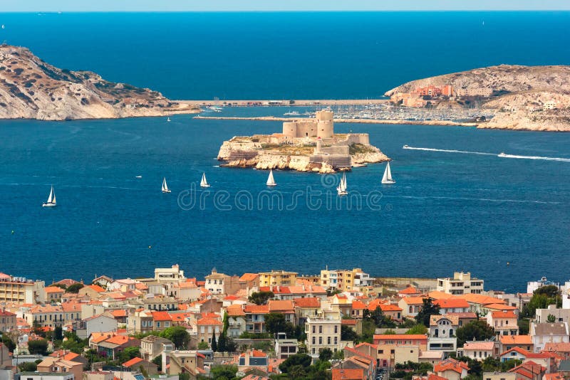 Aerial view of Chateau d If, famous historical castle prison on island in Marseille bay, France. Aerial view of Chateau d If, famous historical castle prison on island in Marseille bay, France