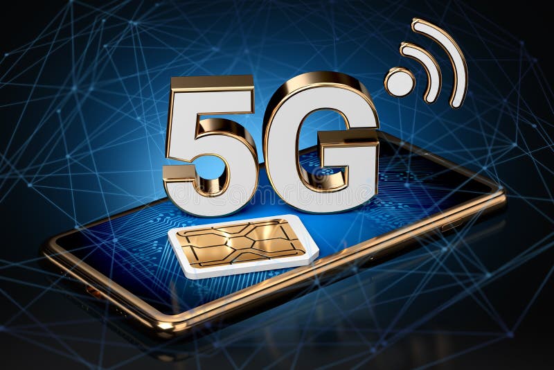 5G sign on smart phone screen with sim card next to it with high speed network nodes around. High speed mobile web technology. 3D vector illustration 5G sign on smart phone screen with sim card next to it with high speed network nodes around. High speed mobile web technology. 3D vector illustration