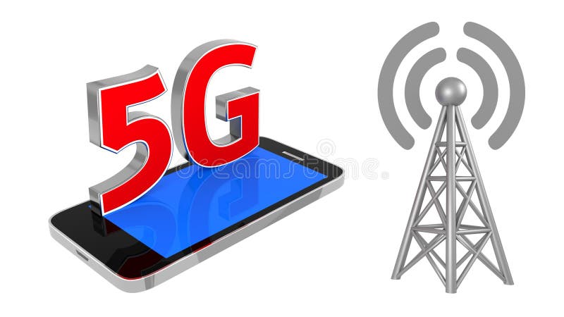 5G sur le smartphone et la station de Wi-Fi sur le fond blanc d'isolement rendu 3d illustration stock 5G sur le smartphone et la station de Wi-Fi sur le fond blanc d'isolement rendu 3d illustration stock