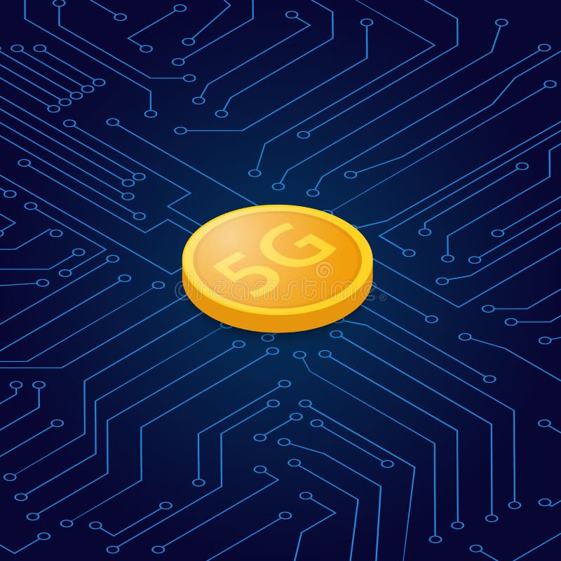 5G Symbol on the Background of the Contacts of the Computer Motherboard