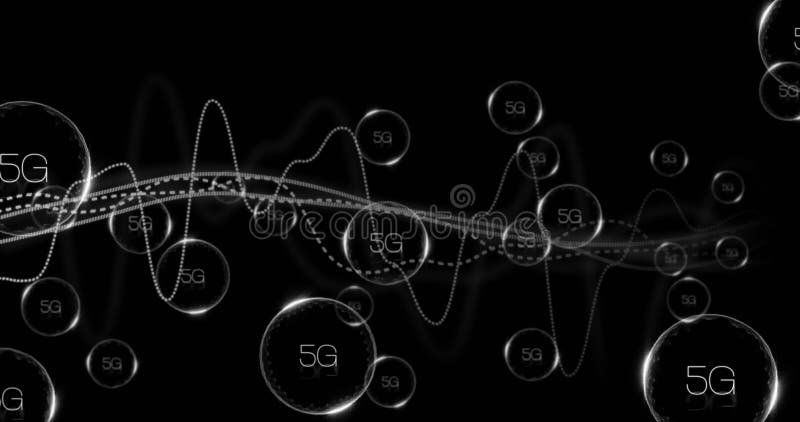 5G text animation over abstract waves and circles on black background vector illustration