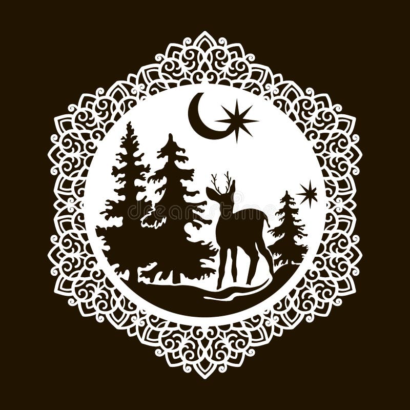 Gabarit de noël pour couper en forme de flocon de neige. petit cerf dans la forêt illustration stock