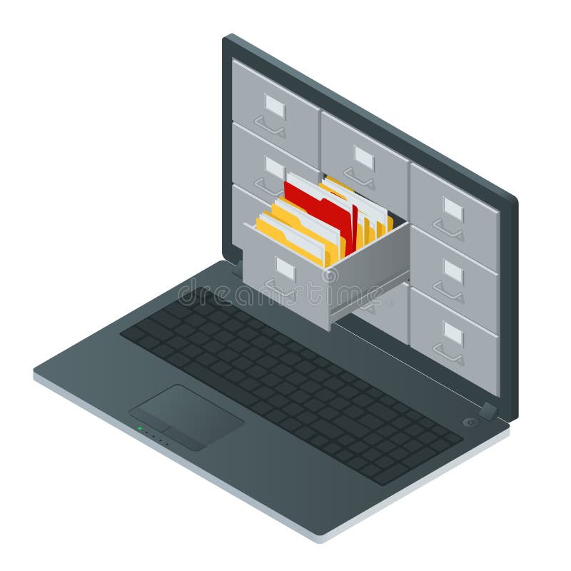 Gabinetes de fichero dentro de la pantalla del ordenador portátil Ordenador portátil y gabinete de fichero Ejemplo isométrico del ilustración del vector Gabinetes de fichero dentro de la pantalla del ordenador portátil Ordenador portátil y gabinete de fichero Ejemplo isométrico del ilustración del vector