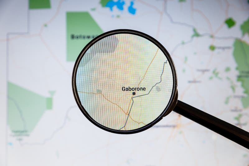 Gaborone, Botswana. Political map. City visualization illustrative concept on display screen through magnifying glass. Botswana political map stock images, royalty-free photos and pictures