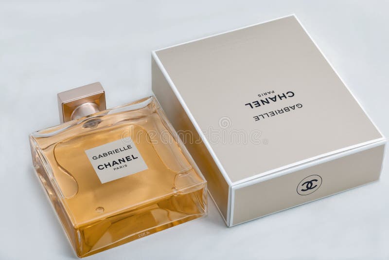 Gabrielle Chanel Paris Perfume Bottle and Box Against White