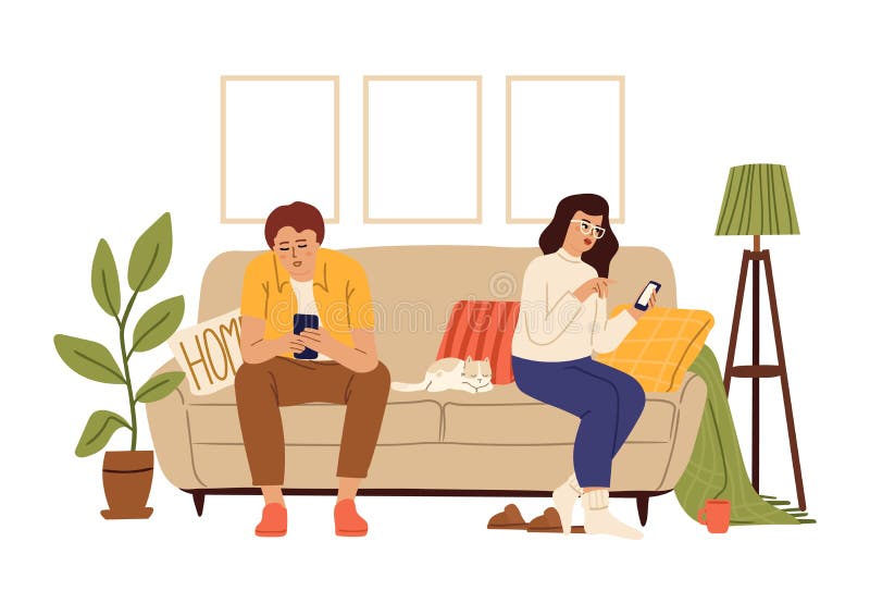 Gadget addiction. Couple using smartphones, woman man cat sitting on sofa in cozy room and surfing internet. No contact stock illustration