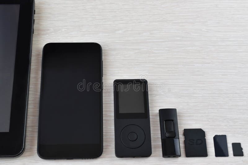 Gadgets. USB Flash Drive, SD Card, SIM Card, Mp3 Player Stock Image