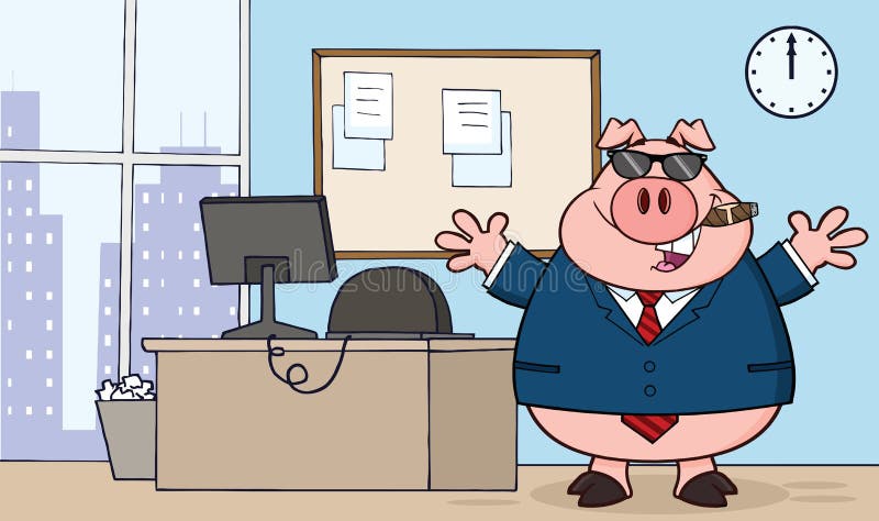 Gafas de sol de Pig Cartoon With del hombre de negocios, cigarro en oficina