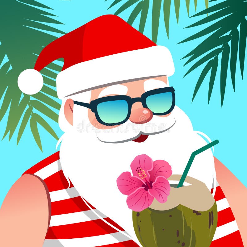 Gafas de sol que llevan de Santa Claus, con la bebida del coco contra tropi ilustración del vector Gafas de sol que llevan de Santa Claus, con la bebida del coco contra tropi ilustración del vector