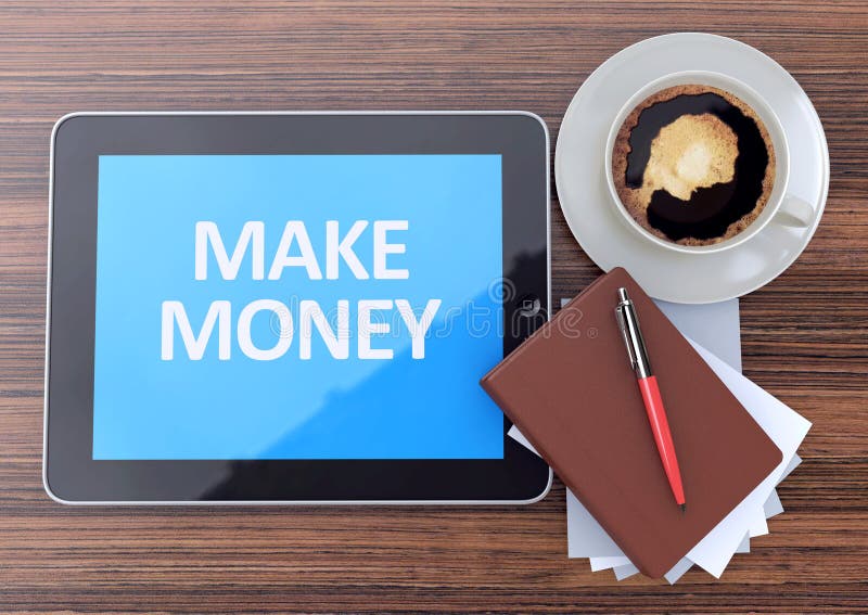 Gagnez l'argent en ligne sur l'ordinateur de PC de comprimé avec la tasse du café, du carnet et du stylo sur le fond en bois illustration stock Gagnez l'argent en ligne sur l'ordinateur de PC de comprimé avec la tasse du café, du carnet et du stylo sur le fond en bois illustration stock