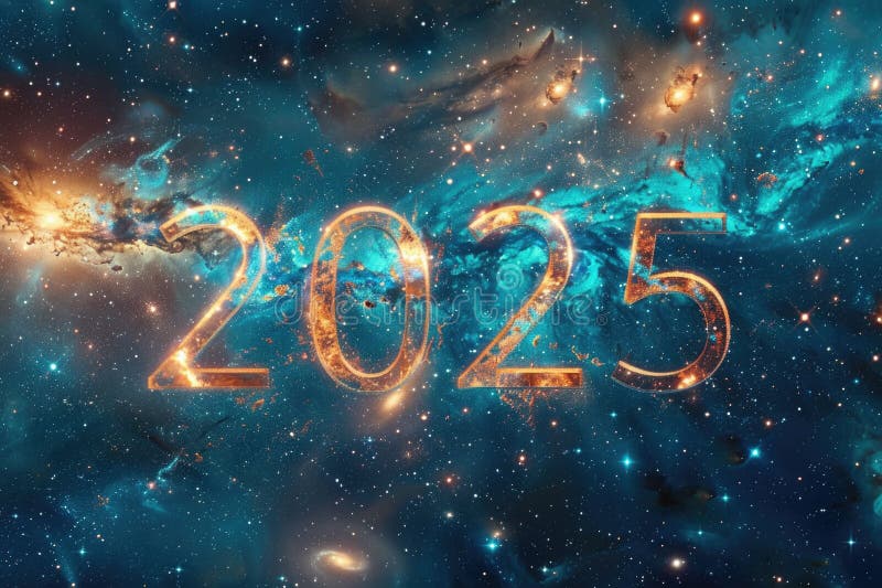 Galaktische Neujahrsfeier : goldene Zahlen 2025 inmitten eines lebendigen kosmischen Hintergrunds stockbilder