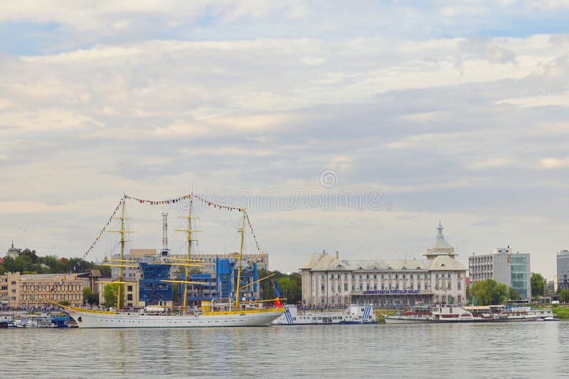 Galati, Romania - September 17, 2019. Brice Mircea Romanian Military Navy School Ship docked in port quay of Galati royalty free stock photos Galati, Romania - September 17, 2019. Brice Mircea Romanian Military Navy School Ship docked in port quay of Galati royalty free stock photos