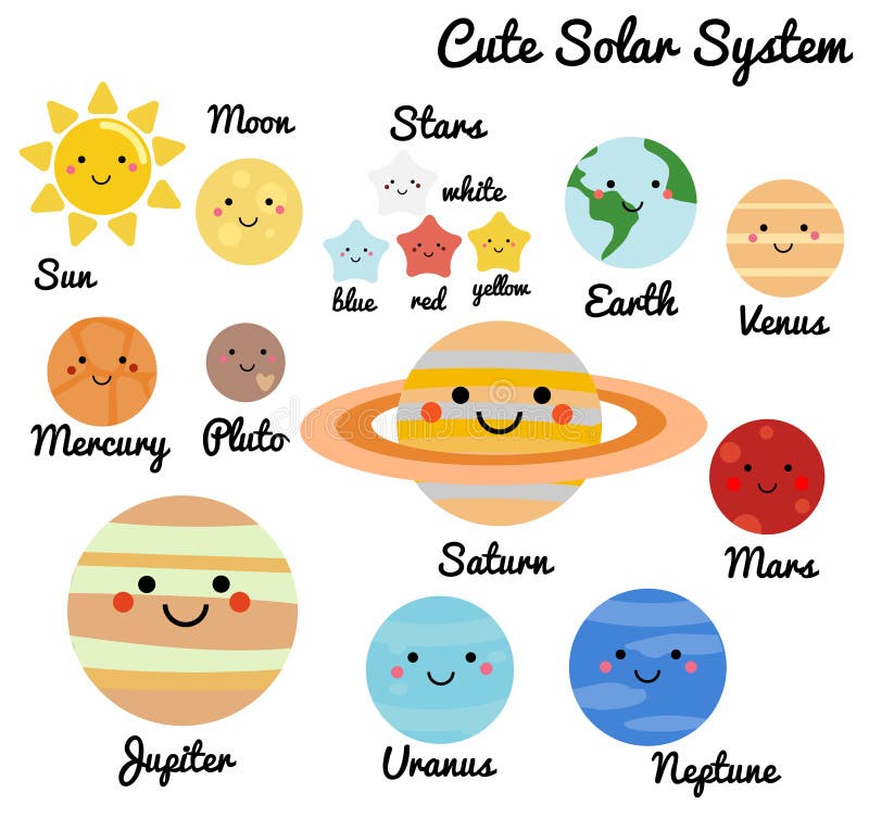 Galaxia linda, espacio, elementos de la Sistema Solar La luna, el sol y los planetas de Kawaii vector el ejemplo para los niños E