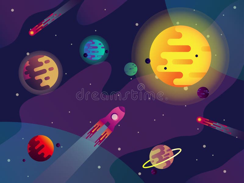 Sun with planets and comets. Cartoon cosmos or galaxy panorama with stars and rocket, spacecraft or spaceship, saturn with rings. Astronomy and future exploration, universe and science theme. Sun with planets and comets. Cartoon cosmos or galaxy panorama with stars and rocket, spacecraft or spaceship, saturn with rings. Astronomy and future exploration, universe and science theme