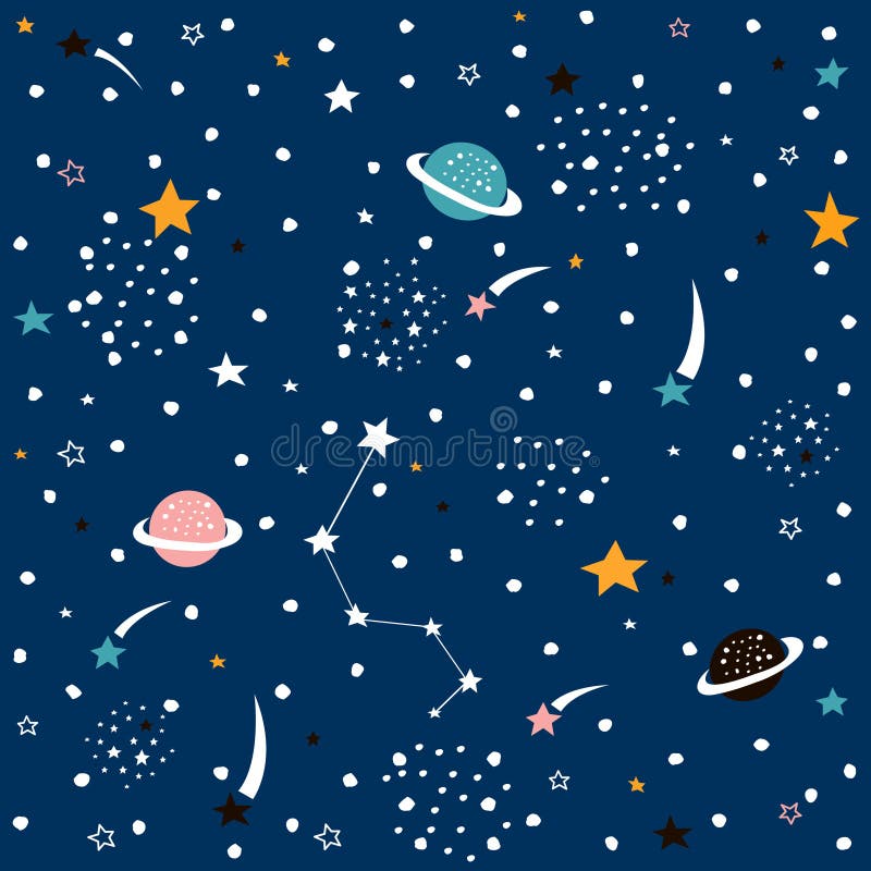 Hand drawn space galaxy vector seamless pattern. stock illustration