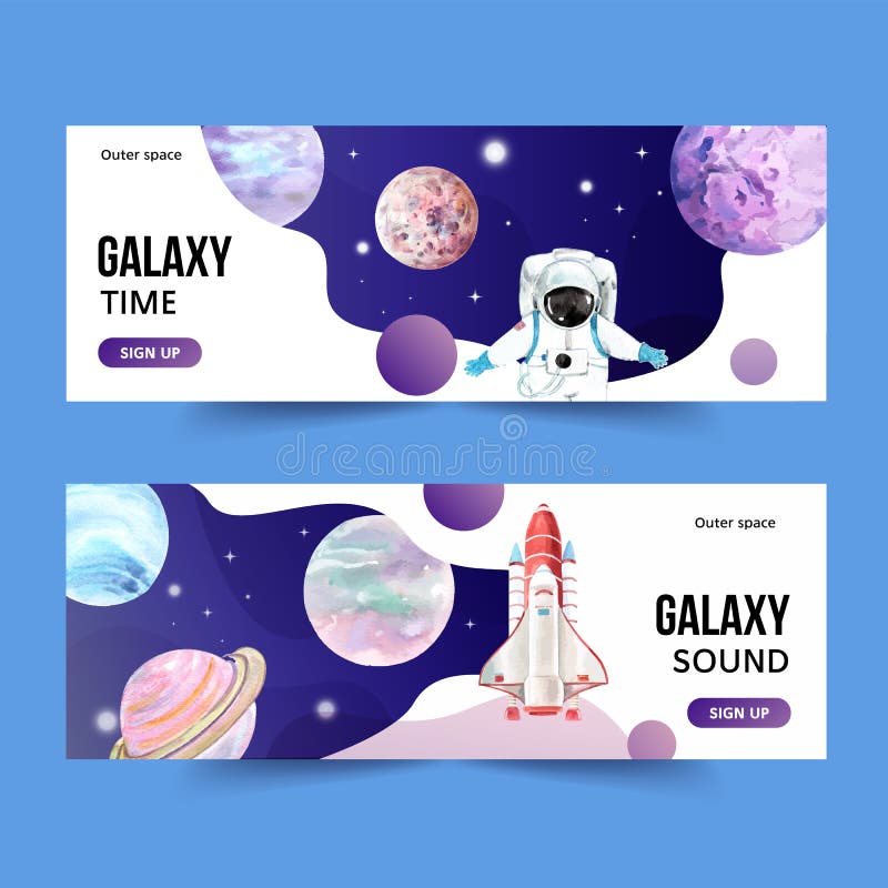 Galaxy banner design with Saturn, rocket, astronaut illustration watercolor vector illustration
