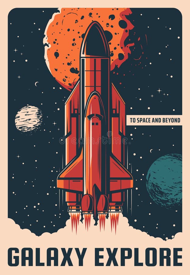 Galaxy explore, vector rocket take off spaceport vector illustration