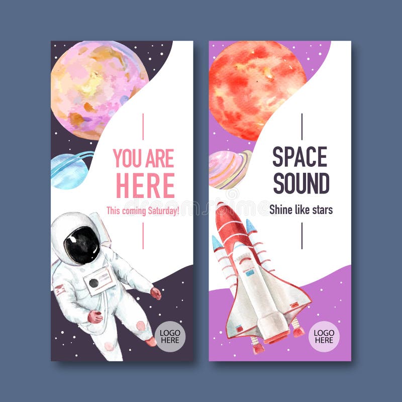 Galaxy flyer design with rocket, Saturn, astronaut illustration watercolor royalty free illustration
