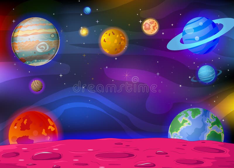 Galaxy Space View With Planets and Stars in Background Cartoon vector illustration