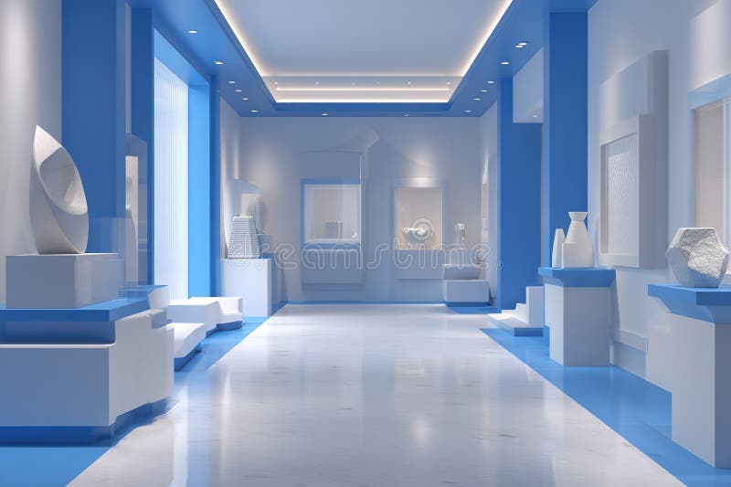 Galerie de artă contemporană cu sculpturi albe într-un interior alb-albastru royalty free stock image