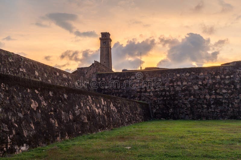 Galle Fort, view of the clock tower at sunset. Sri Lanka